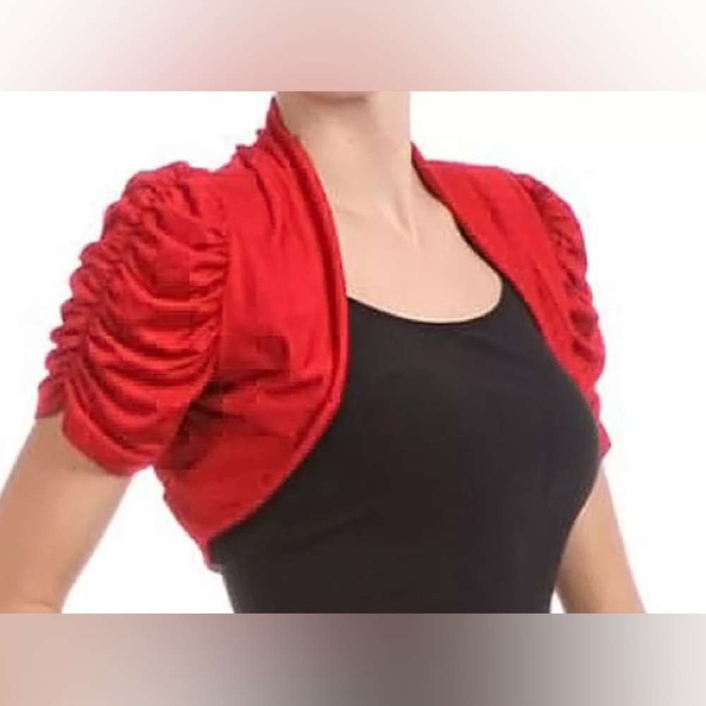 L Solid Rayon Shirred Ruched Short Sleeve Bolero Crop Jacket